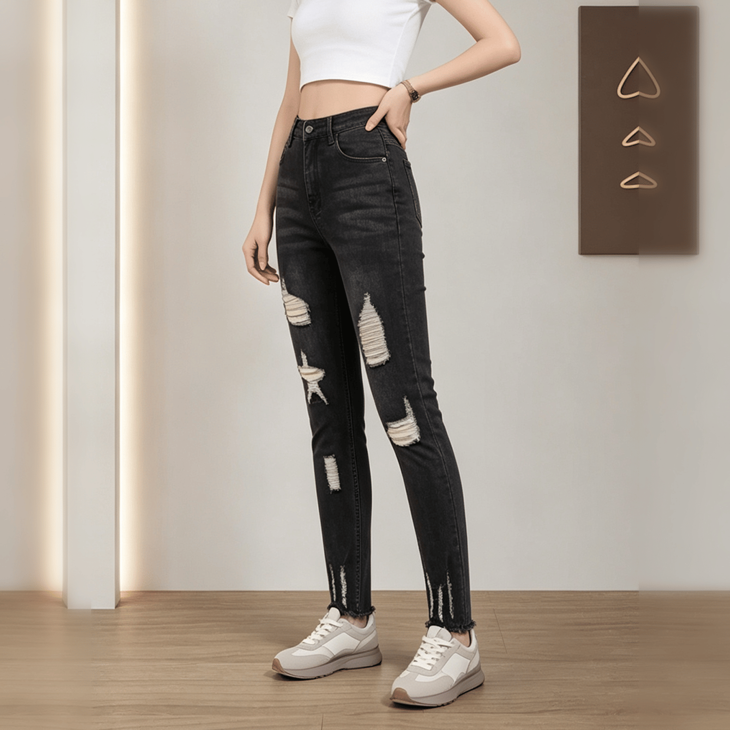 High Waist Distressed Skinny Jeans For Women, Faded Black Ripped Fringe Hem Denim Trousers - Image 27