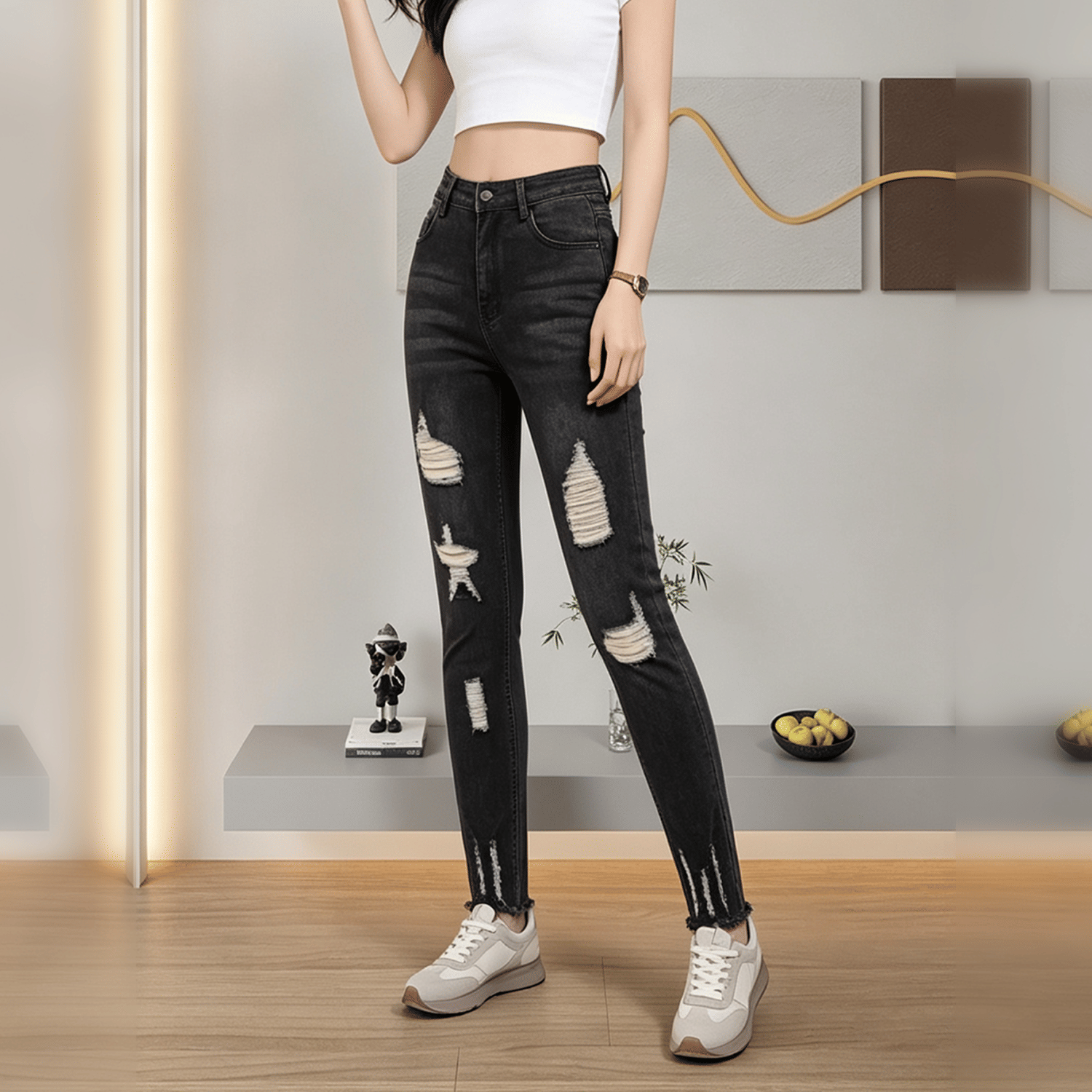 High Waist Distressed Skinny Jeans For Women, Faded Black Ripped Fringe Hem Denim Trousers - Image 25