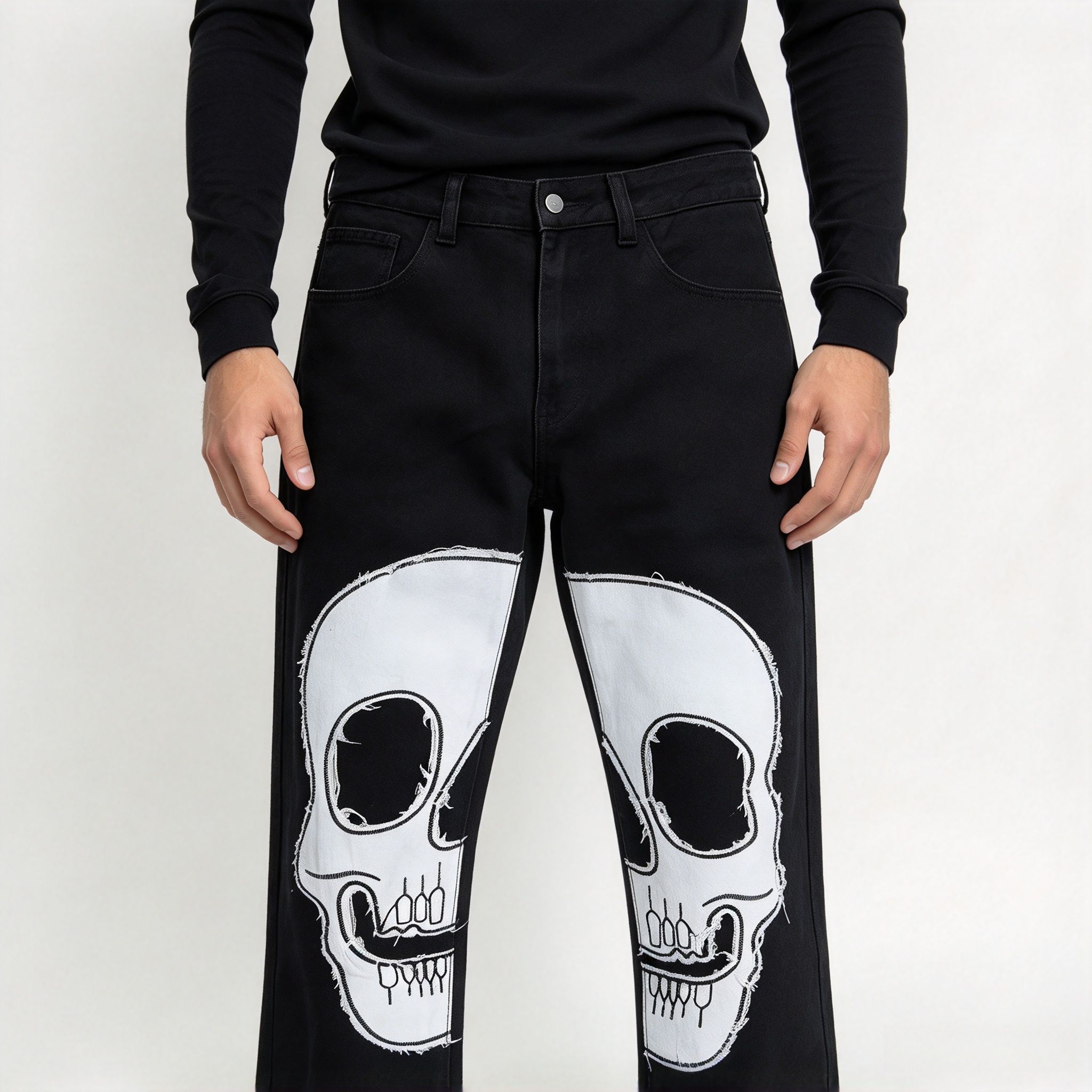 Men's Black Skull Patch Straight Jeans, Frayed Raw Edge Stretch Denim Streetwear Pants - Image 24