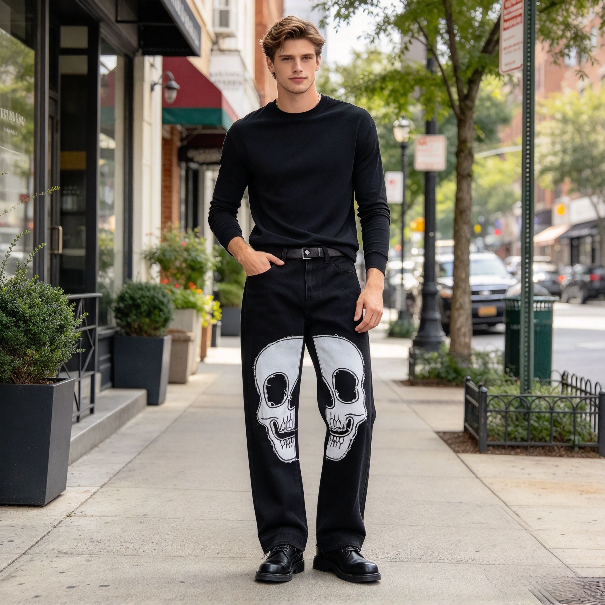Men's Black Skull Patch Straight Jeans, Frayed Raw Edge Stretch Denim Streetwear Pants - Image 6