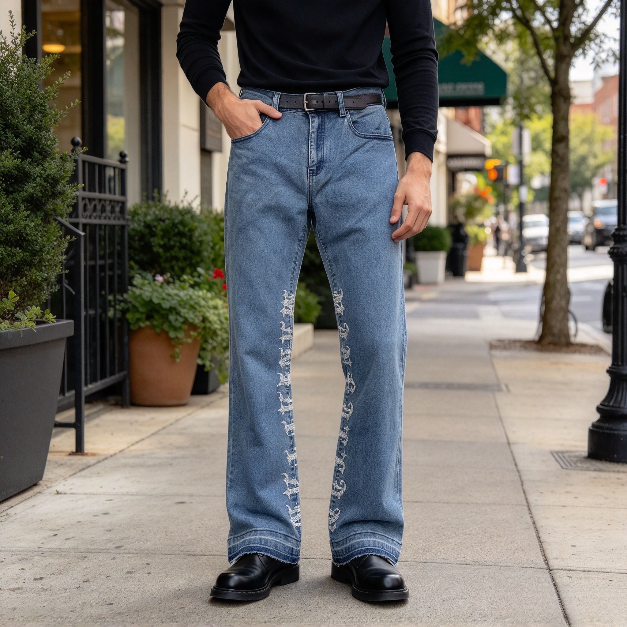 Men's Light Blue Rhinestone Letter Flare Jeans, Sparkly Graphic Stretch Denim Streetwear Pants - Image 17