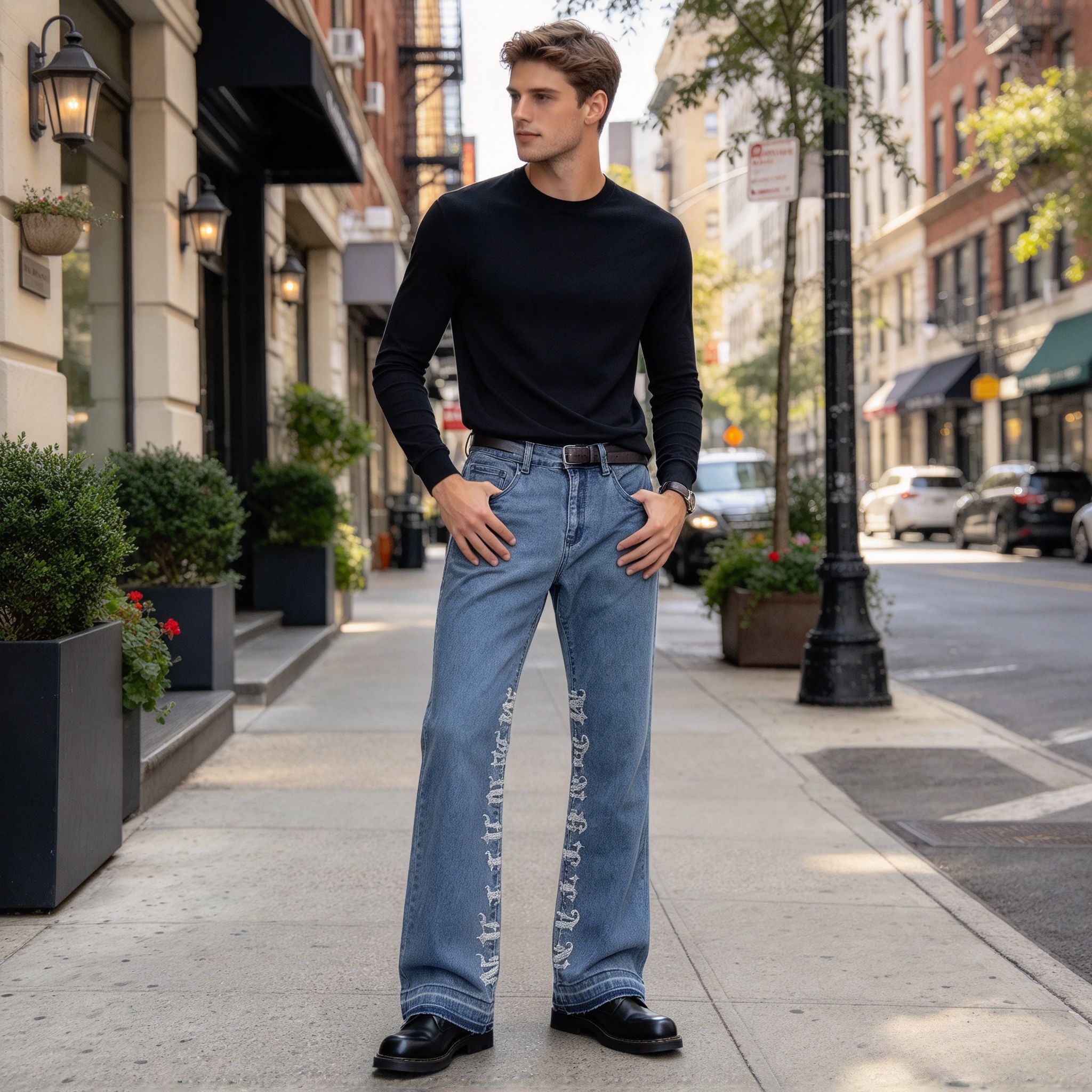Men's Light Blue Rhinestone Letter Flare Jeans, Sparkly Graphic Stretch Denim Streetwear Pants - Image 16