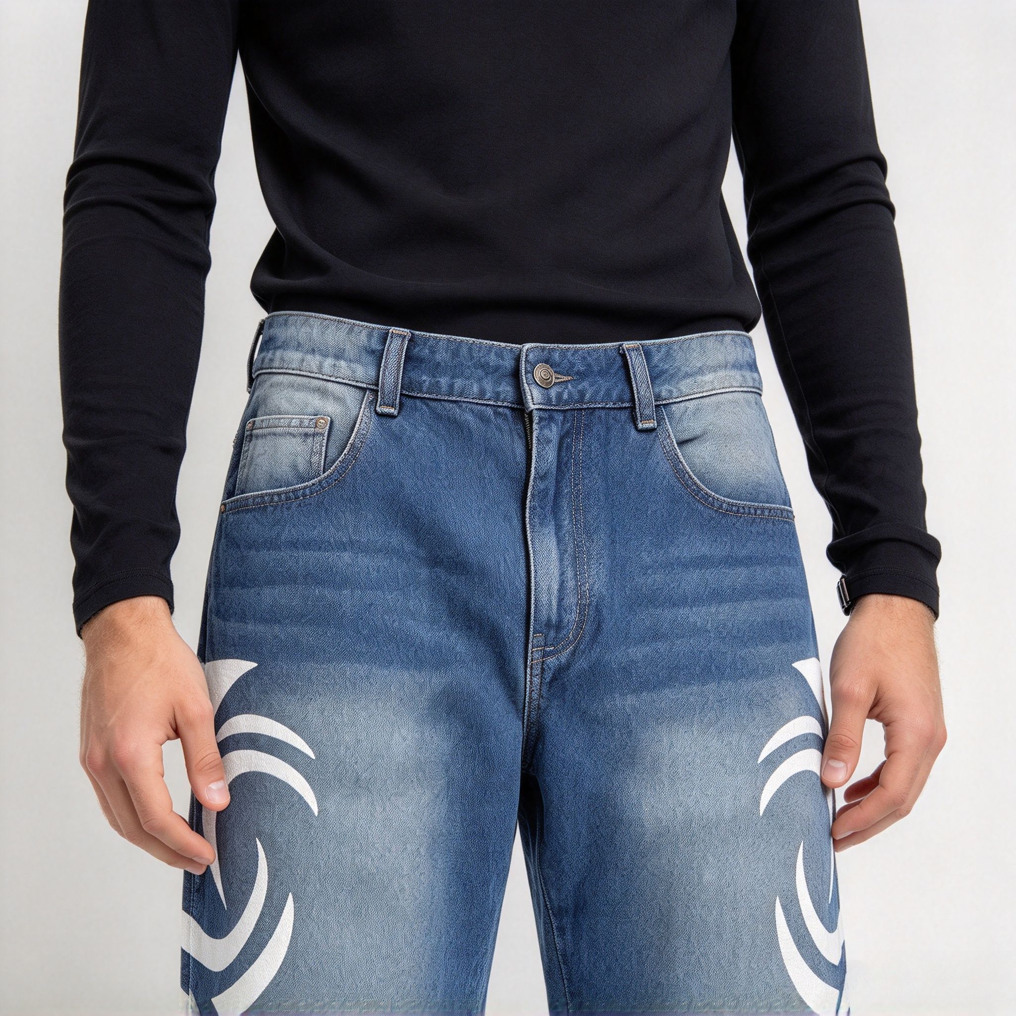 Men's Medium Blue Tribal Graphic Print Straight Jeans, Stretch Denim Streetwear Pants - Image 23