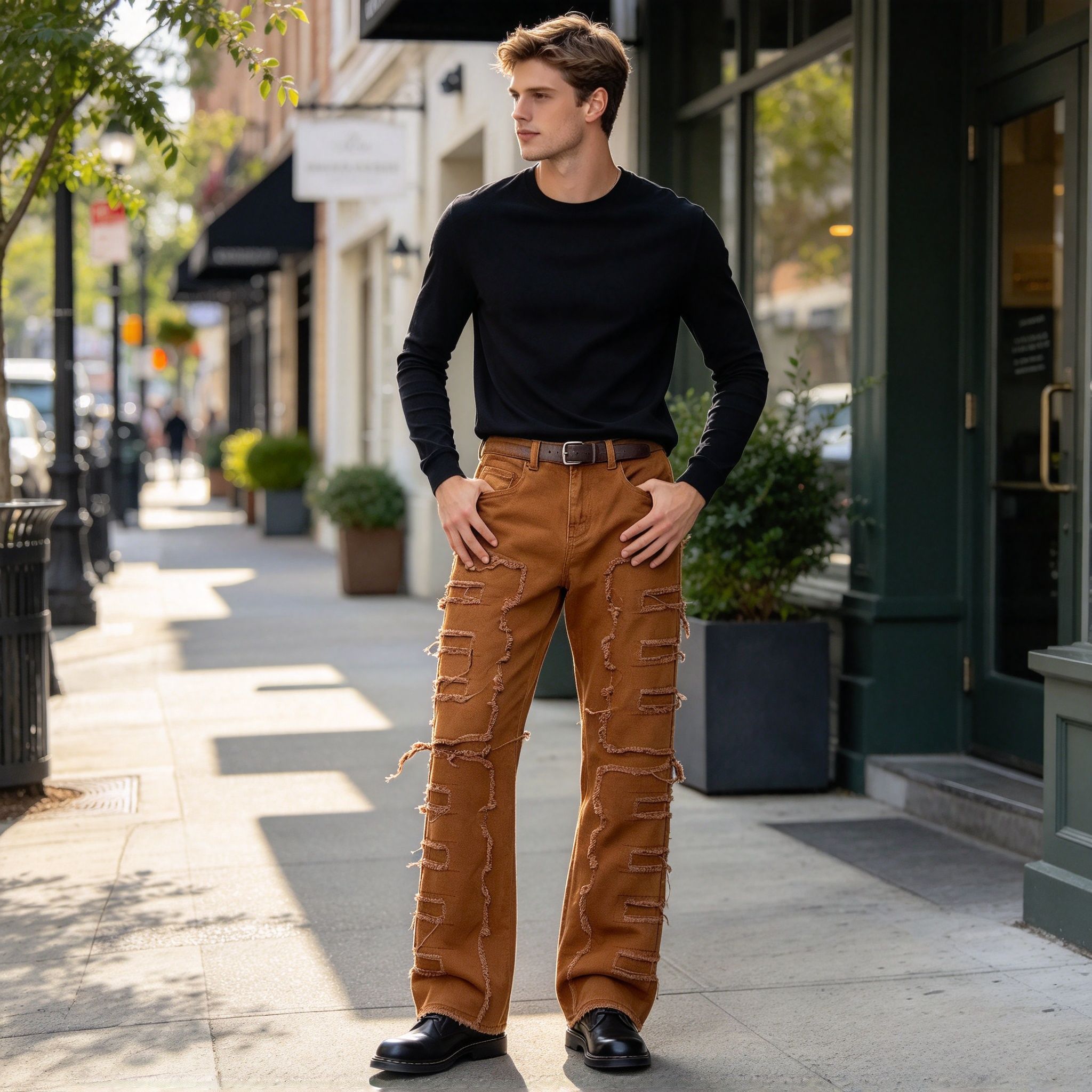 Men’s Brown Frayed Cutout Patch Flare Jeans, Raw Edge Distressed Stretch Denim Streetwear Pants