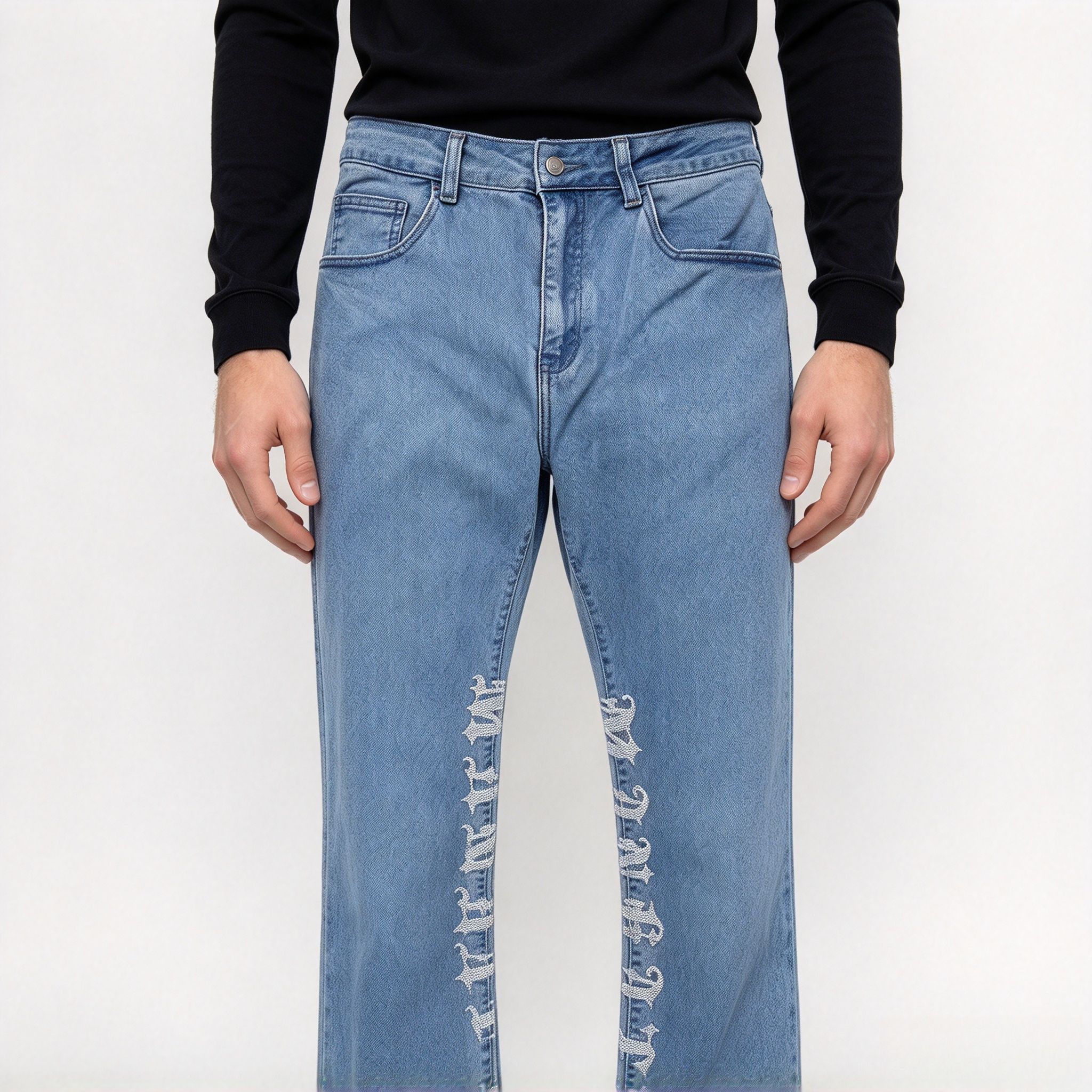 Men's Light Blue Rhinestone Letter Flare Jeans, Sparkly Graphic Stretch Denim Streetwear Pants - Image 13