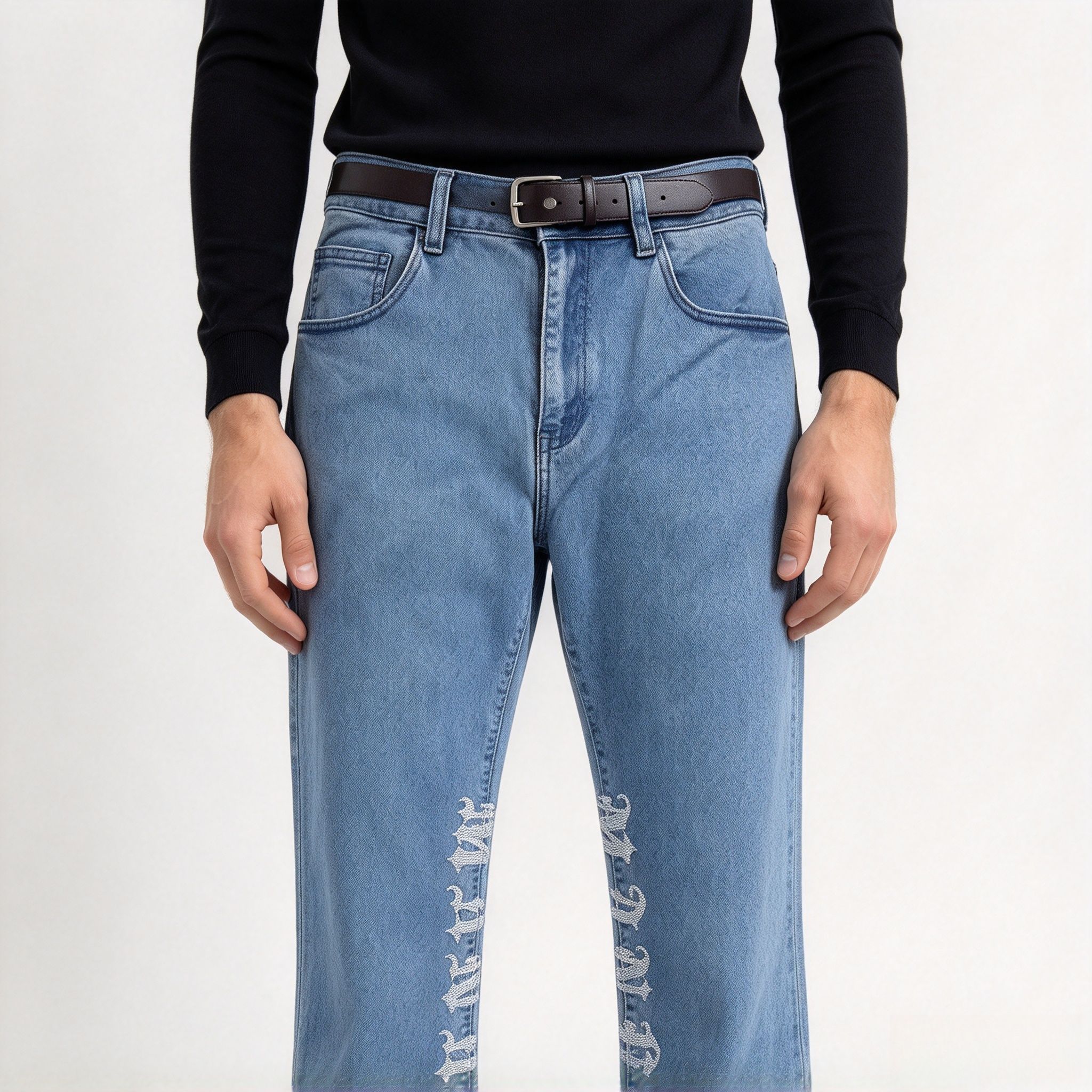 Men's Light Blue Rhinestone Letter Flare Jeans, Sparkly Graphic Stretch Denim Streetwear Pants - Image 24