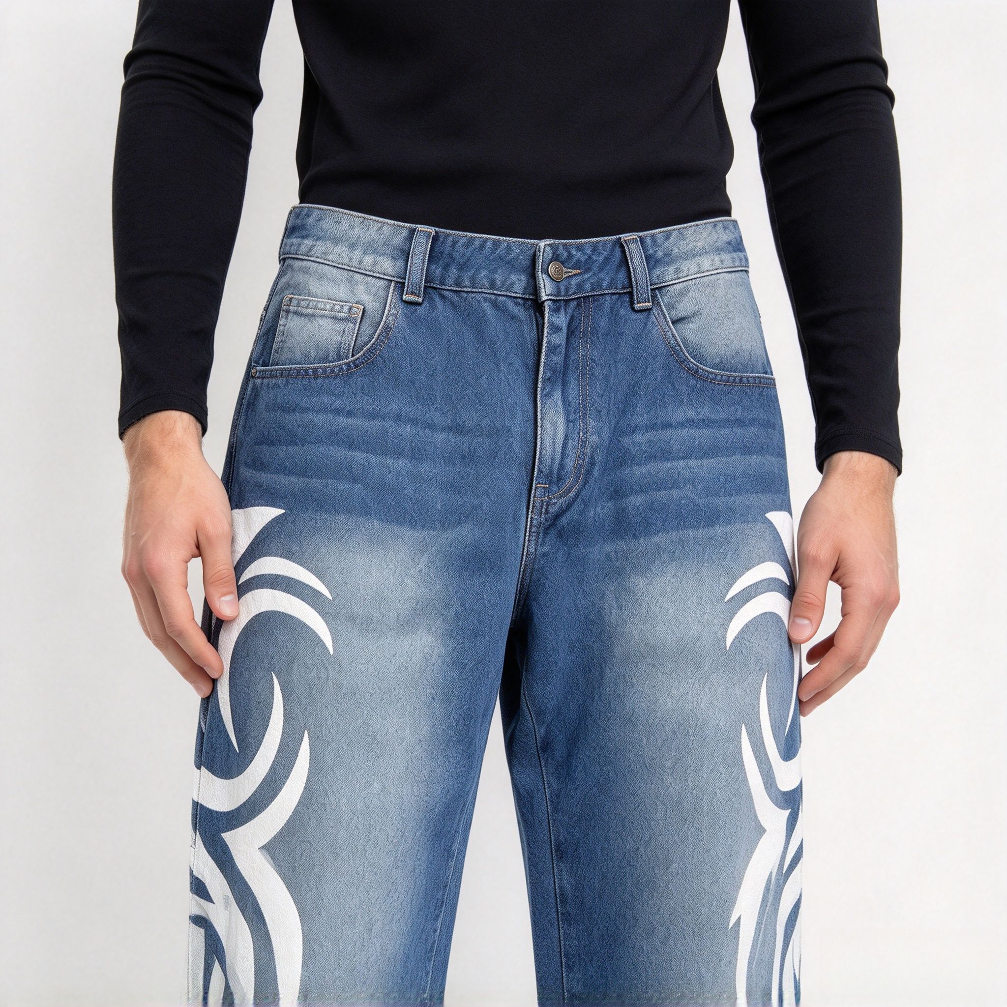 Men's Medium Blue Tribal Graphic Print Straight Jeans, Stretch Denim Streetwear Pants - Image 9
