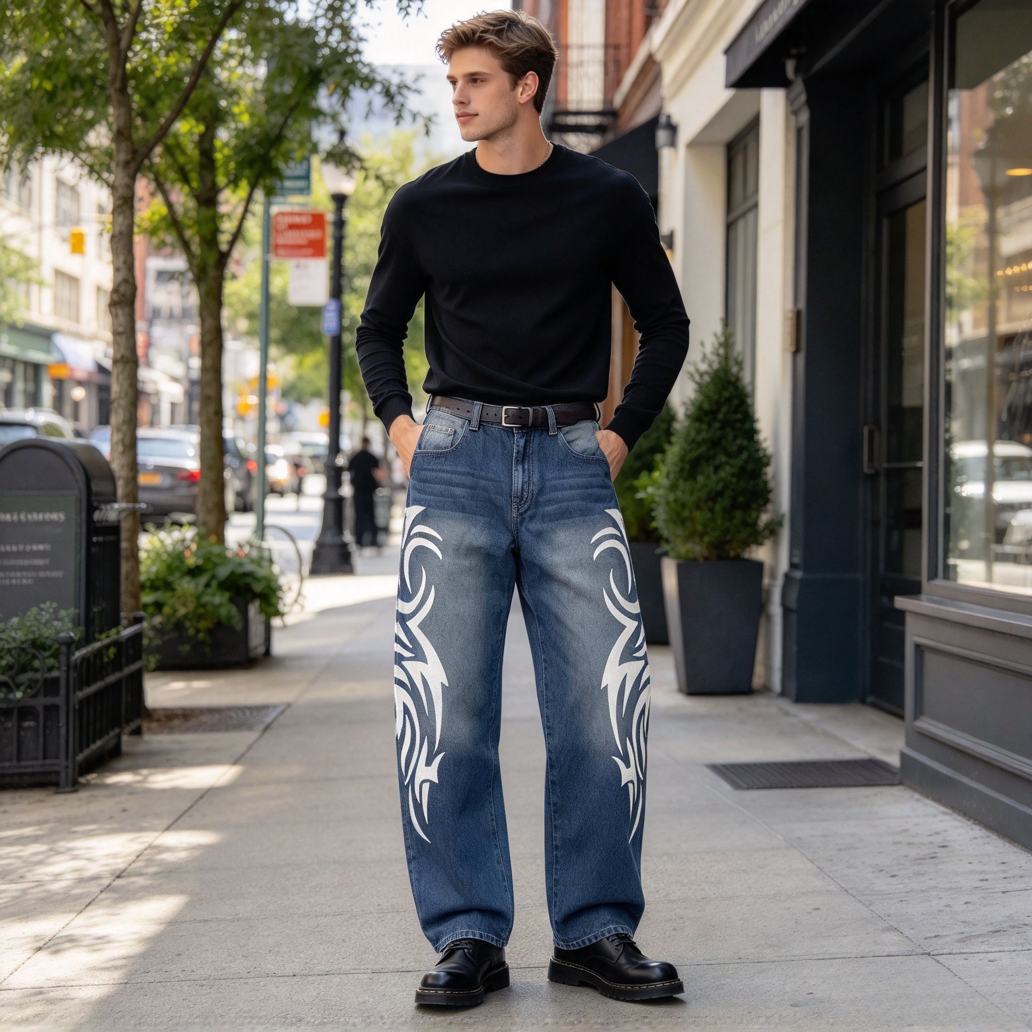 Men's Medium Blue Tribal Graphic Print Straight Jeans, Stretch Denim Streetwear Pants - Image 16