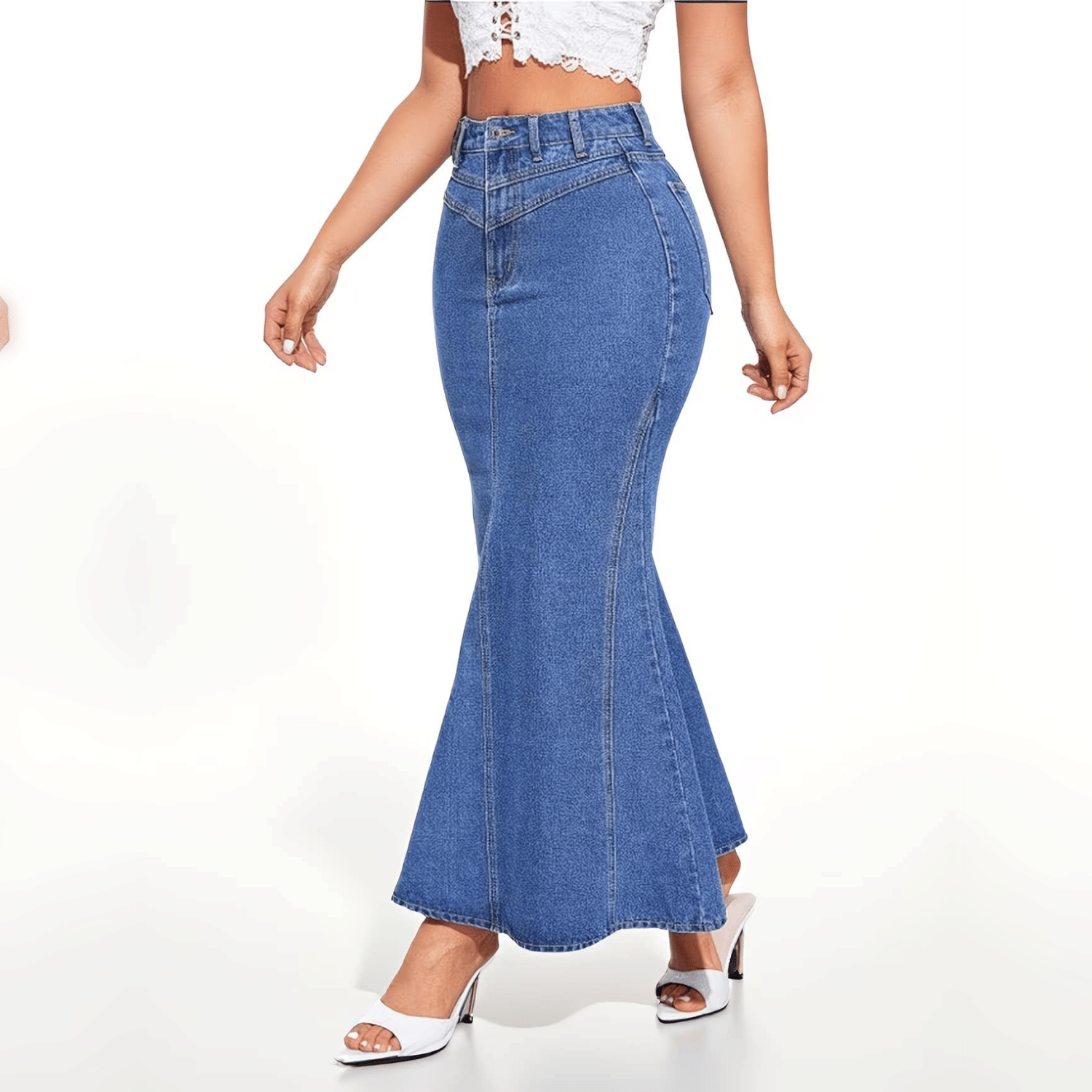 High Waist Fishtail Denim Long Skirt For Women, V Stitch Waist Design Flared Mermaid Maxi Jean Skirt - Image 28