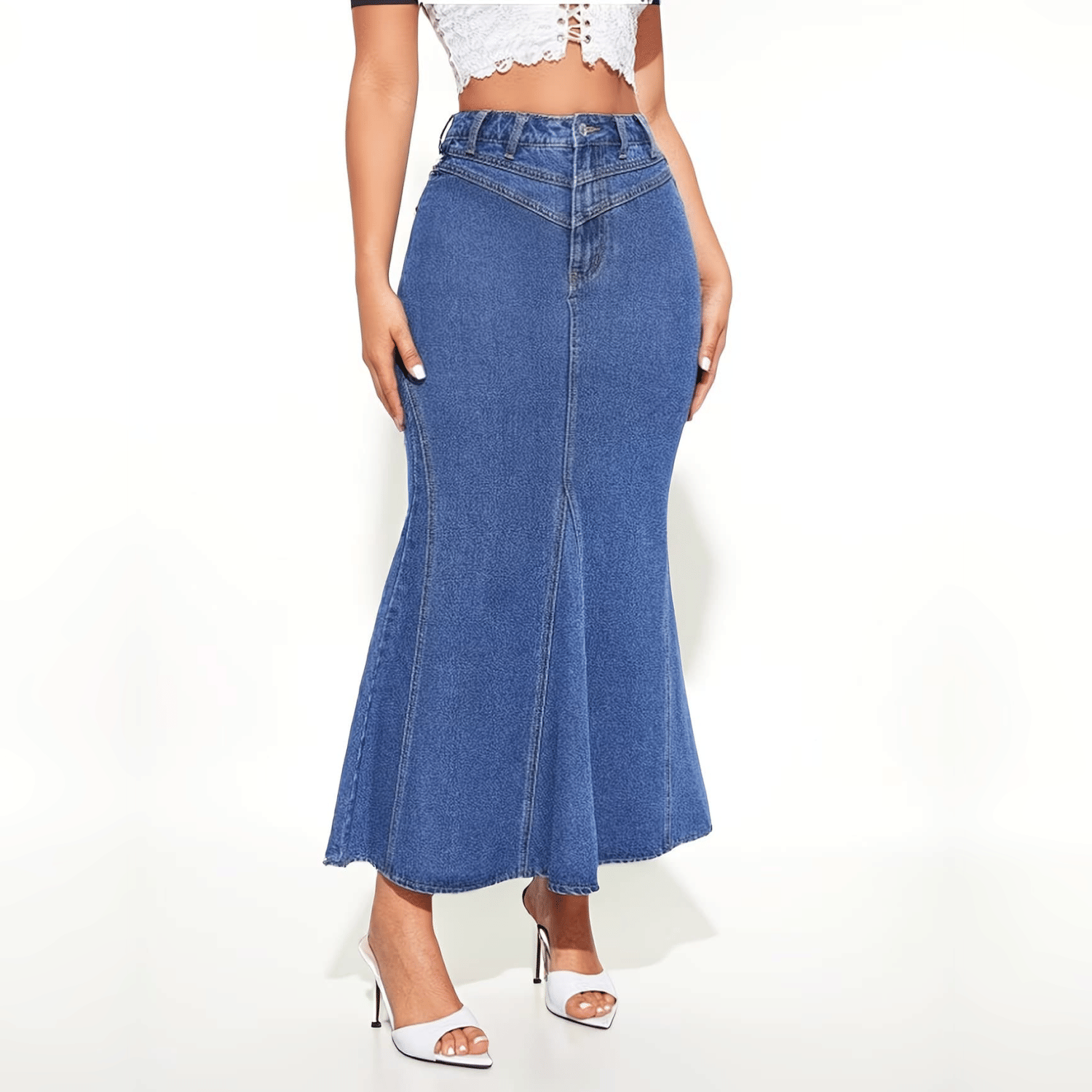 High Waist Fishtail Denim Long Skirt For Women, V Stitch Waist Design Flared Mermaid Maxi Jean Skirt - Image 9