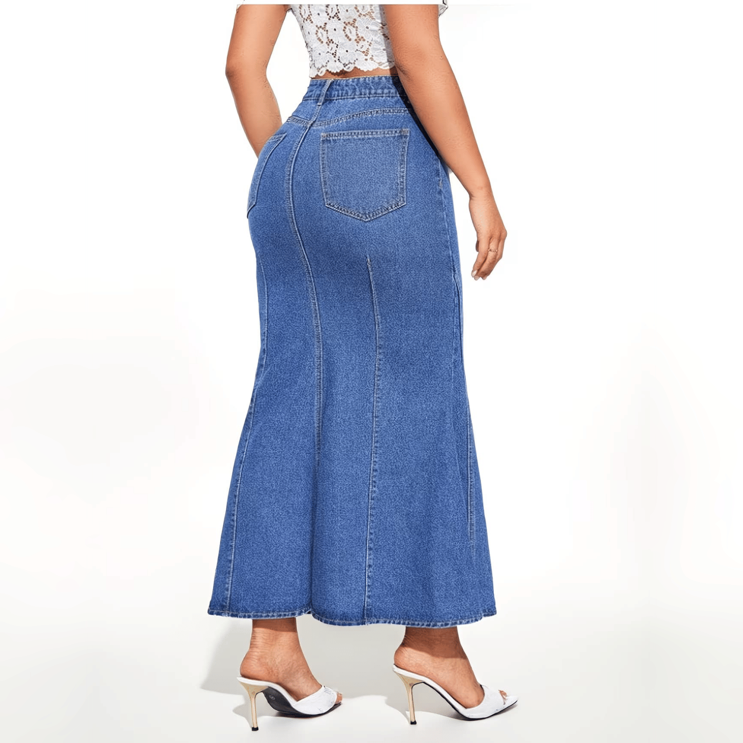 High Waist Fishtail Denim Long Skirt For Women, V Stitch Waist Design Flared Mermaid Maxi Jean Skirt - Image 11