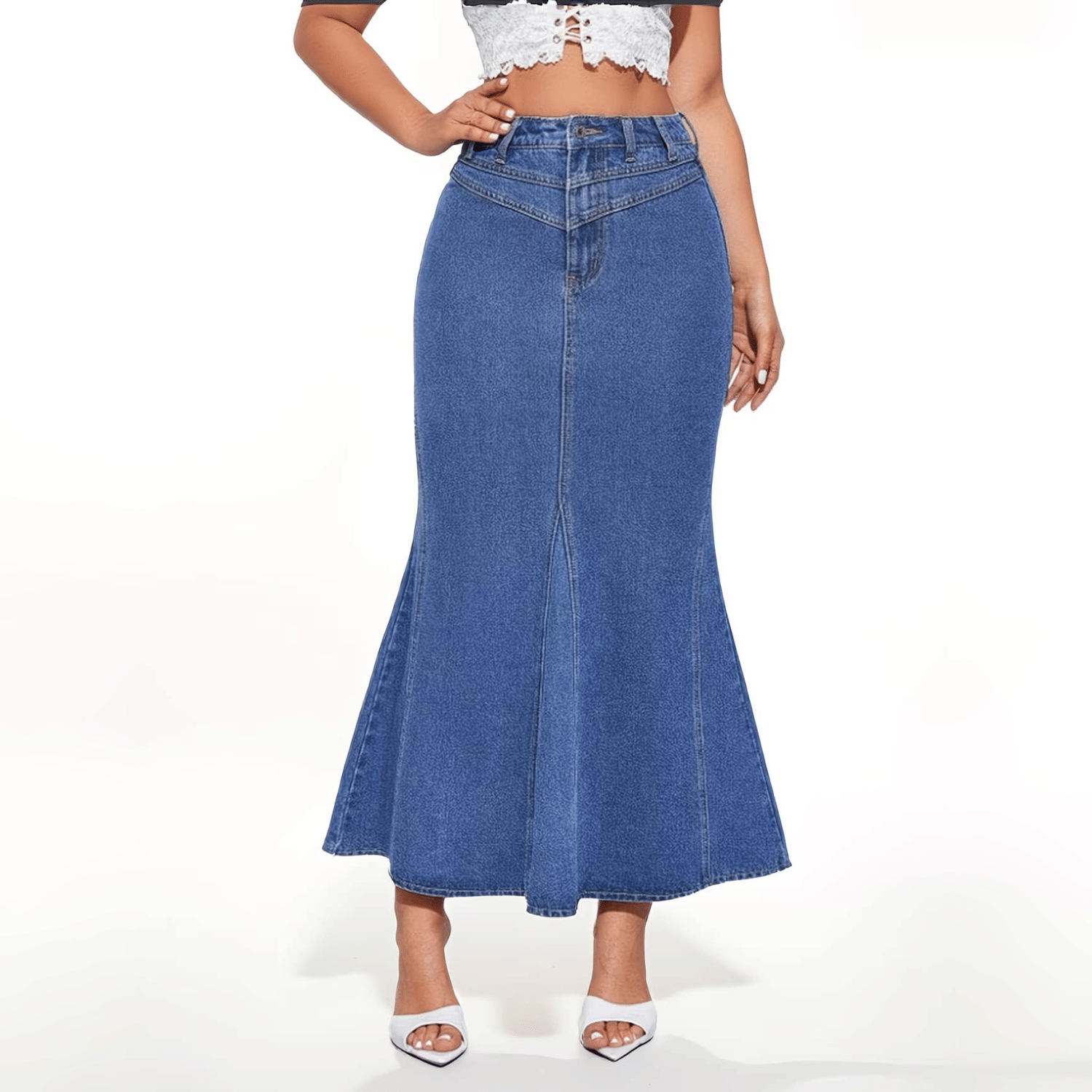 High Waist Fishtail Denim Long Skirt For Women, V Stitch Waist Design Flared Mermaid Maxi Jean Skirt - Image 8