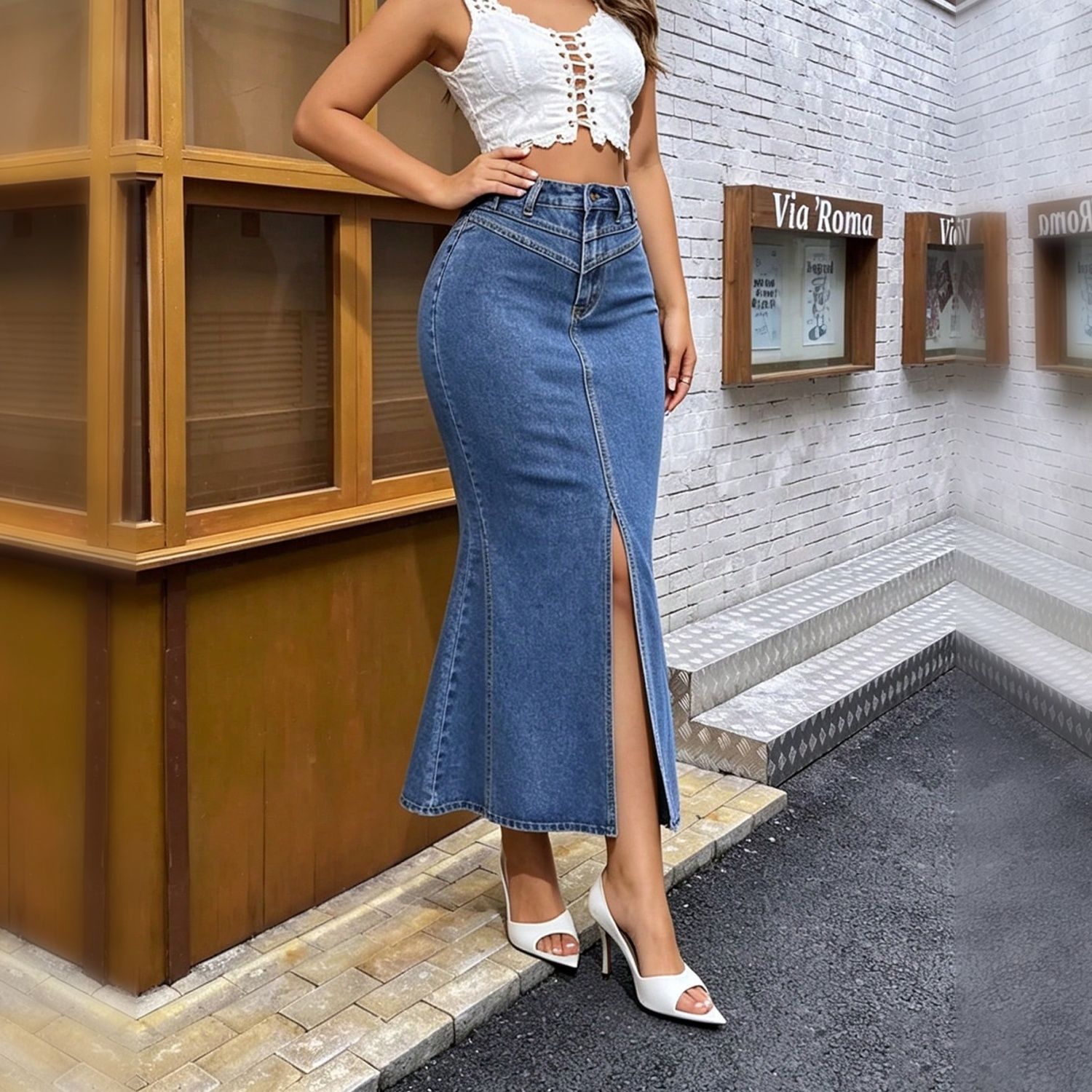 High Waist Fishtail Denim Long Skirt For Women, V Stitch Waist Design Flared Mermaid Maxi Jean Skirt - Image 13