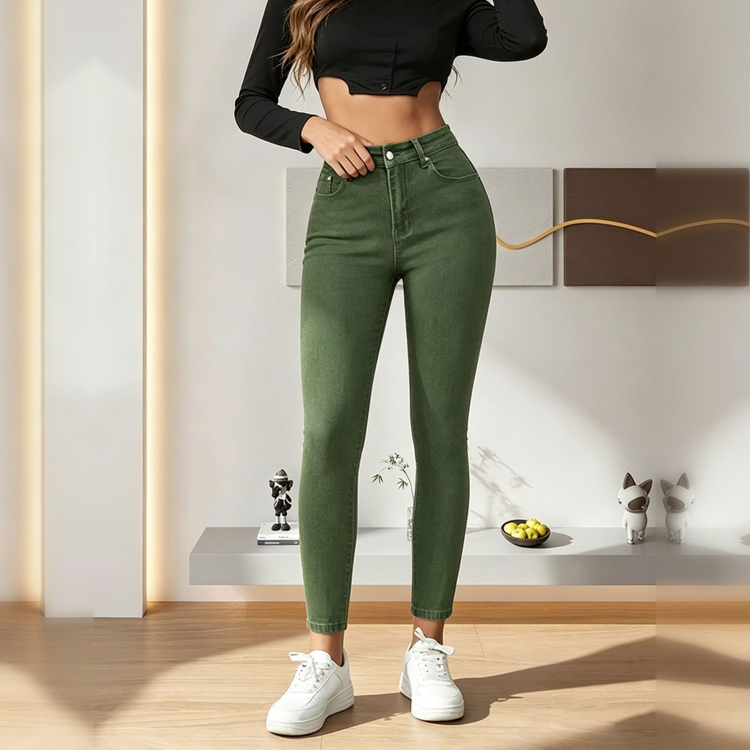 Women's Army Green High Waist Skinny Jeans, Solid Color Slim Fit Stretch Denim Pants With Pockets - Image 27