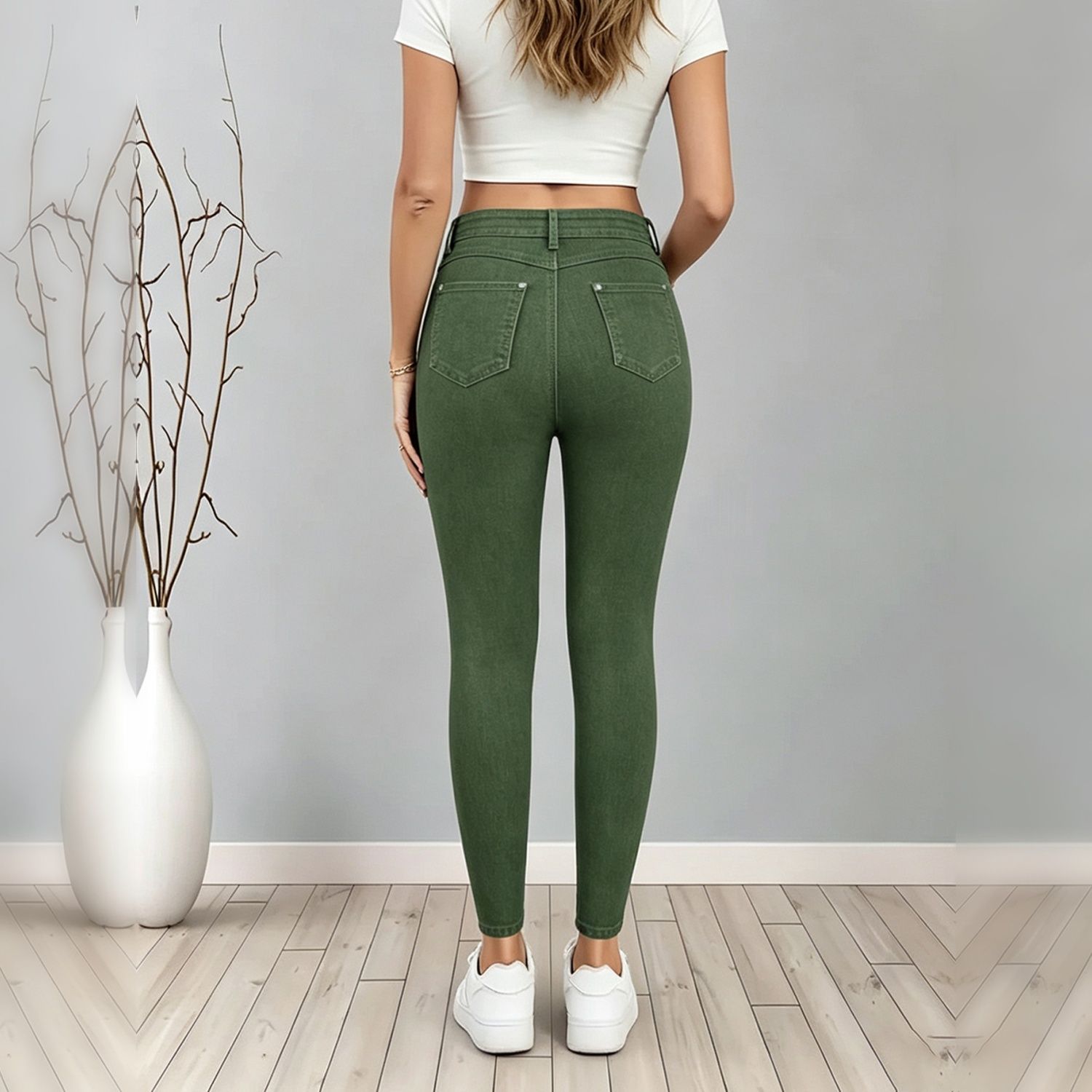 Women's Army Green High Waist Skinny Jeans, Solid Color Slim Fit Stretch Denim Pants With Pockets - Image 17
