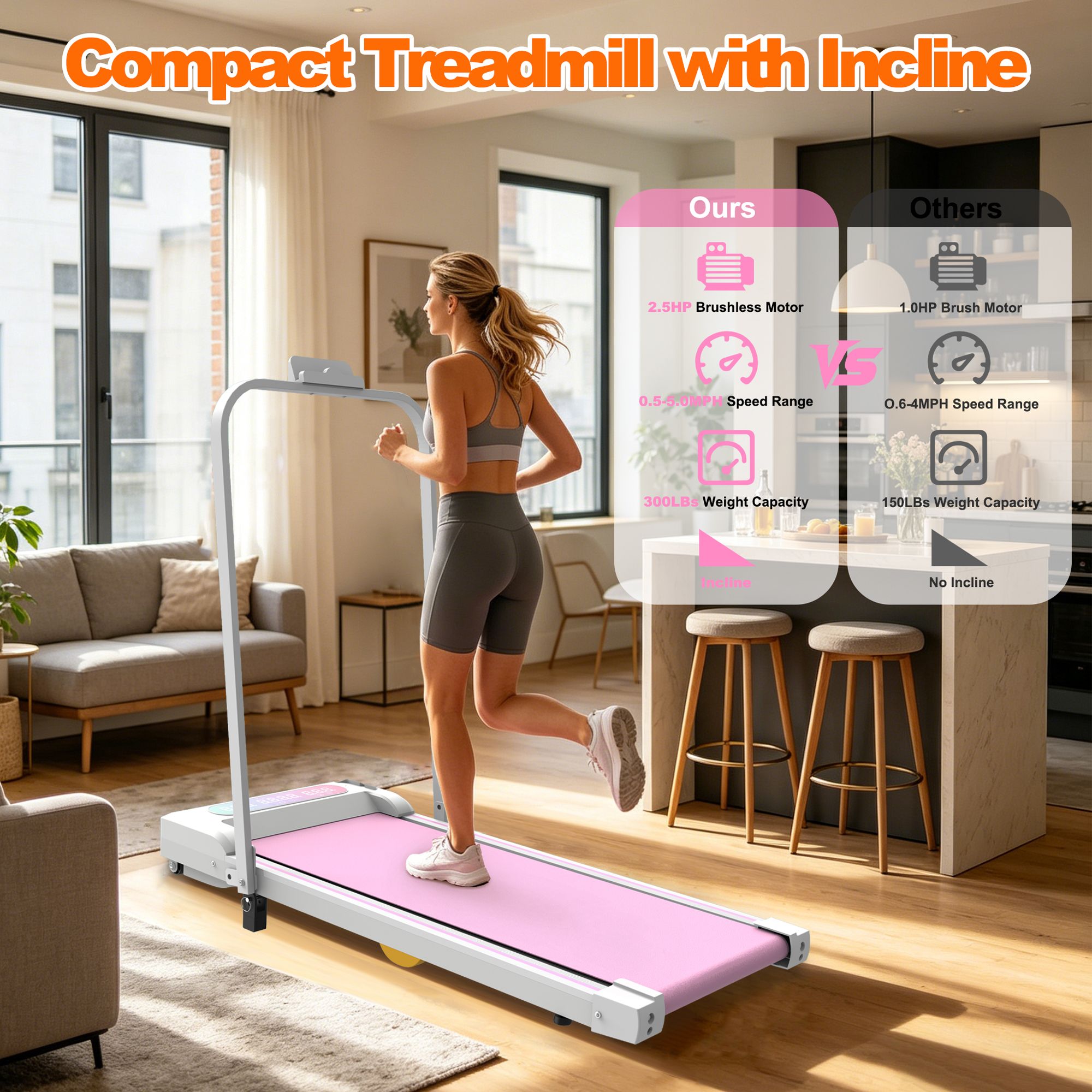 Under Desk Treadmill with Incline, Walking Pad, 2 in 1 Portable Treadmill with Handle Remote Control LED Display, Walking Jogging Machine for Home Office Use Pink - Image 3