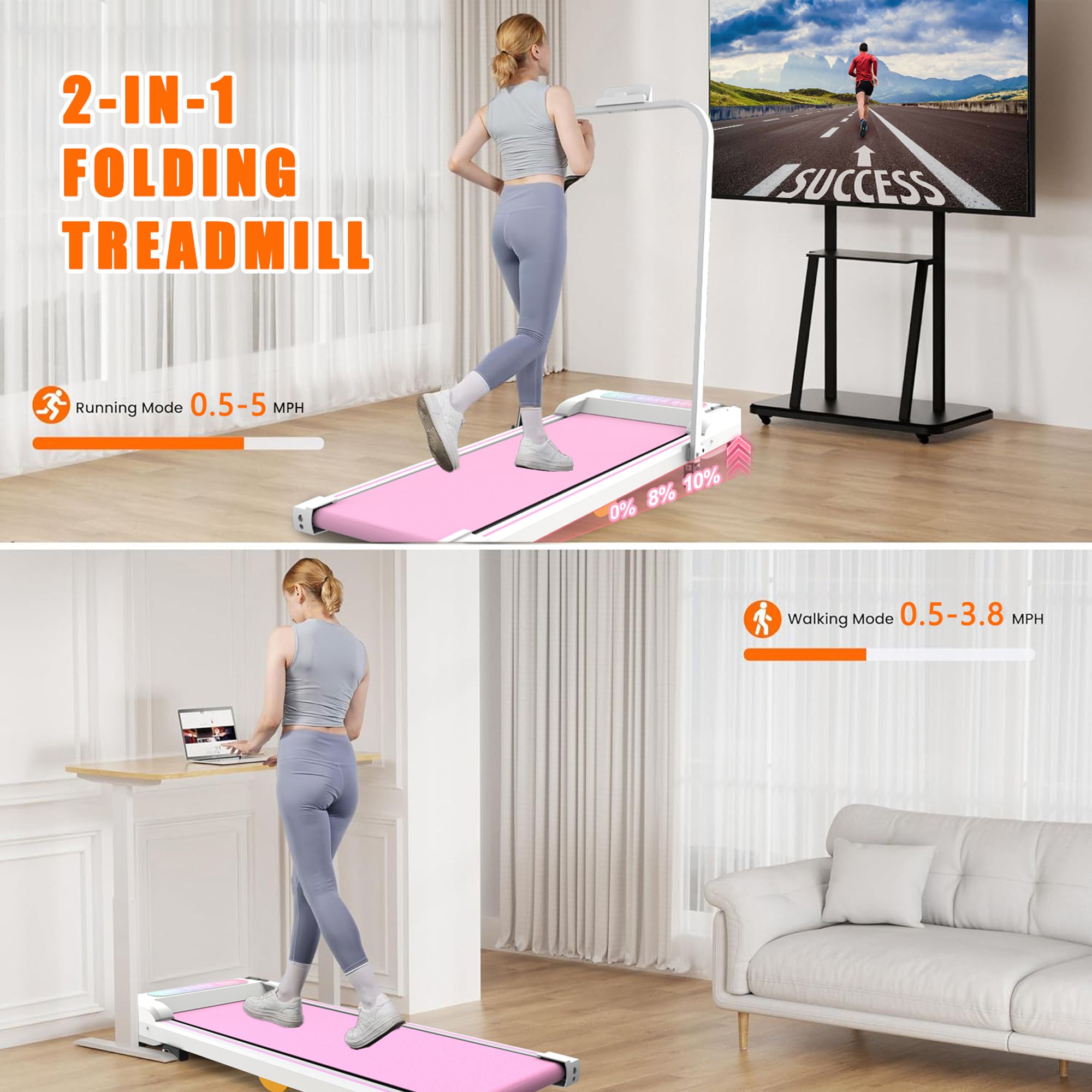 Under Desk Treadmill with Incline, Walking Pad, 2 in 1 Portable Treadmill with Handle Remote Control LED Display, Walking Jogging Machine for Home Office Use Pink - Image 4