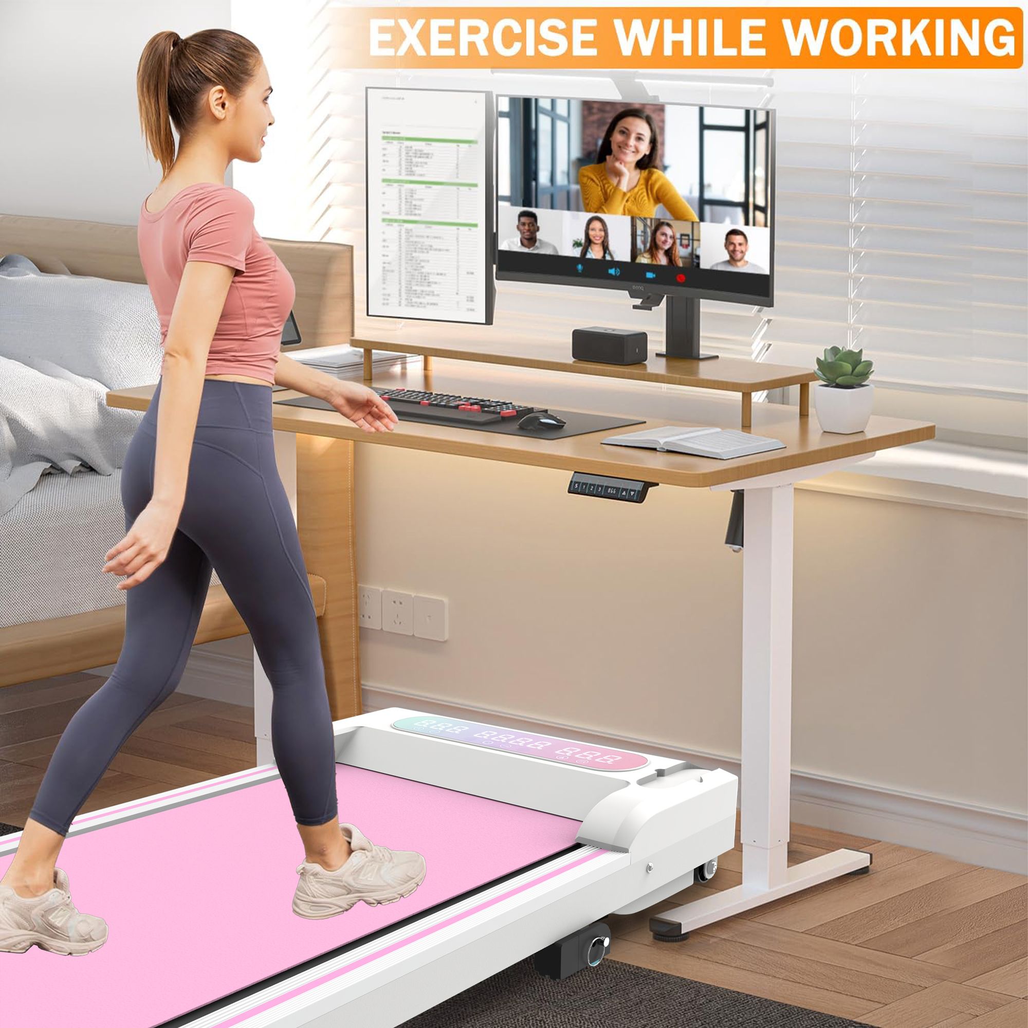 Under Desk Treadmill with Incline, Walking Pad, 2 in 1 Portable Treadmill with Handle Remote Control LED Display, Walking Jogging Machine for Home Office Use Pink - Image 5