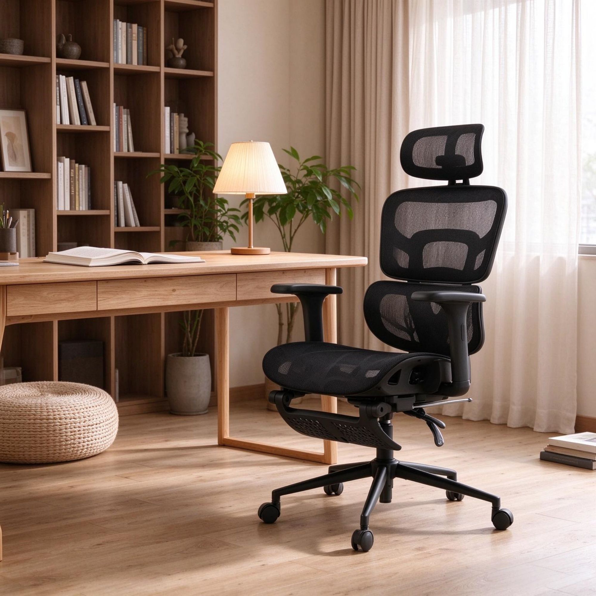 Ergonomic Mesh Office Chair with Lumbar Support, 2D Headrest & Retractable Footrest, Reclining Swivel Desk Chair for Home Office, Black - Image 4