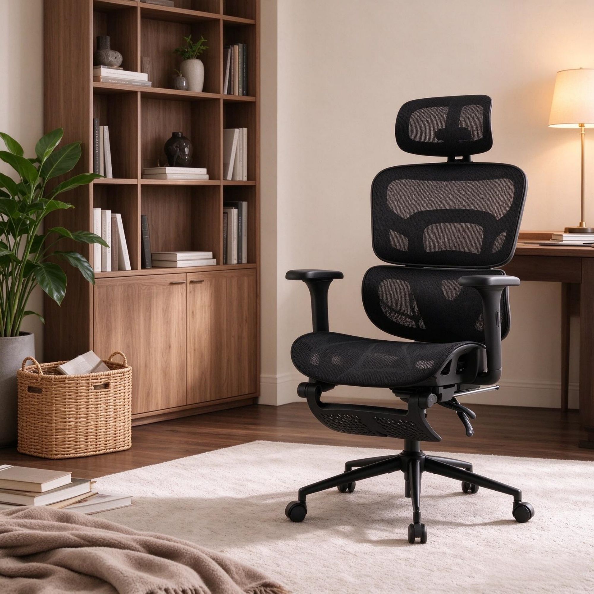 Ergonomic Mesh Office Chair with Lumbar Support, 2D Headrest & Retractable Footrest, Reclining Swivel Desk Chair for Home Office, Black - Image 5