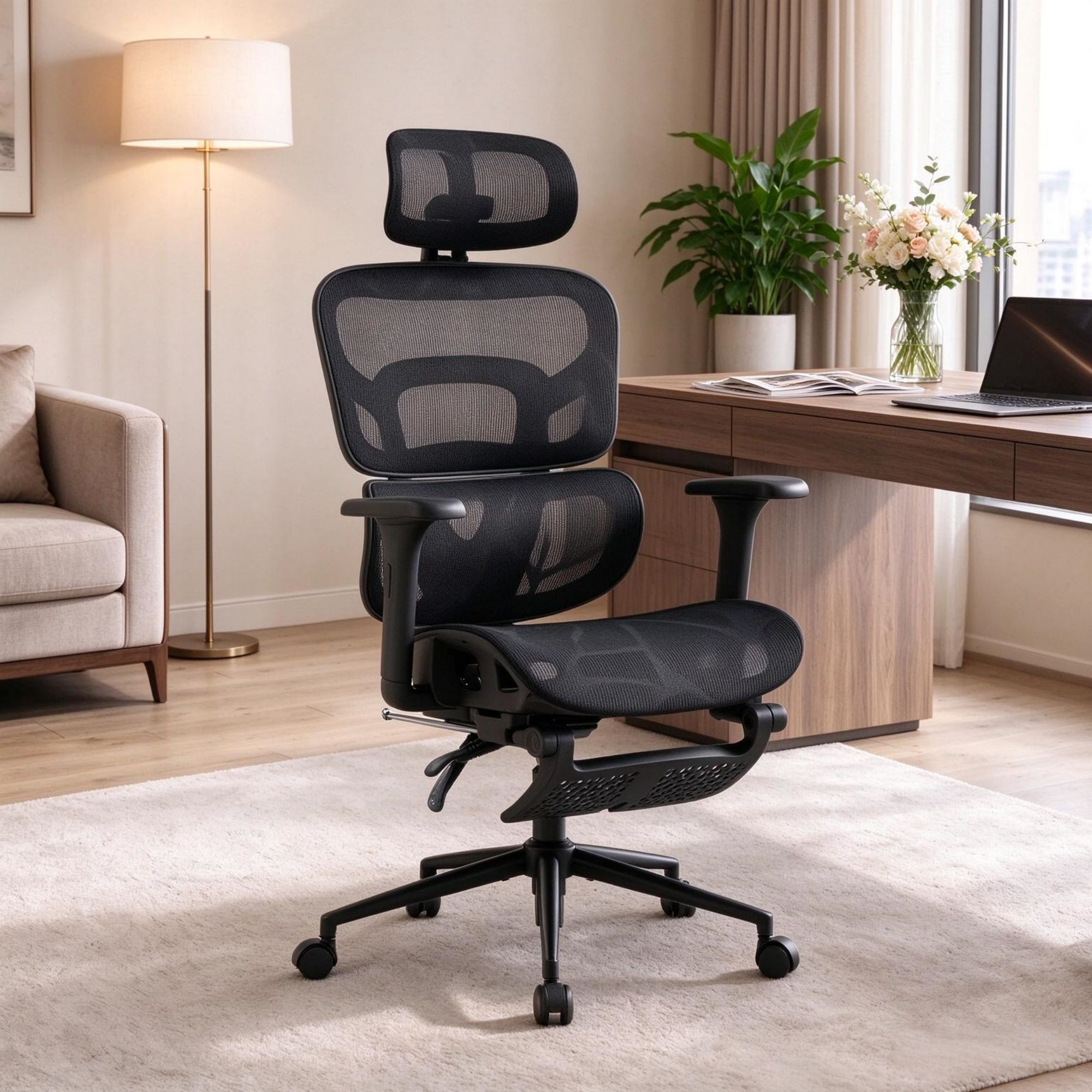 Ergonomic Mesh Office Chair with Lumbar Support, 2D Headrest & Retractable Footrest, Reclining Swivel Desk Chair for Home Office, Black - Image 6
